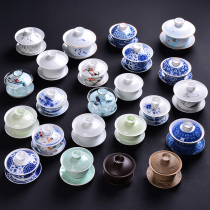 Kung fu single cover bowl Teacup Large tea set Blue and white porcelain tea cup White porcelain three-color ceramic tea set accessories Single