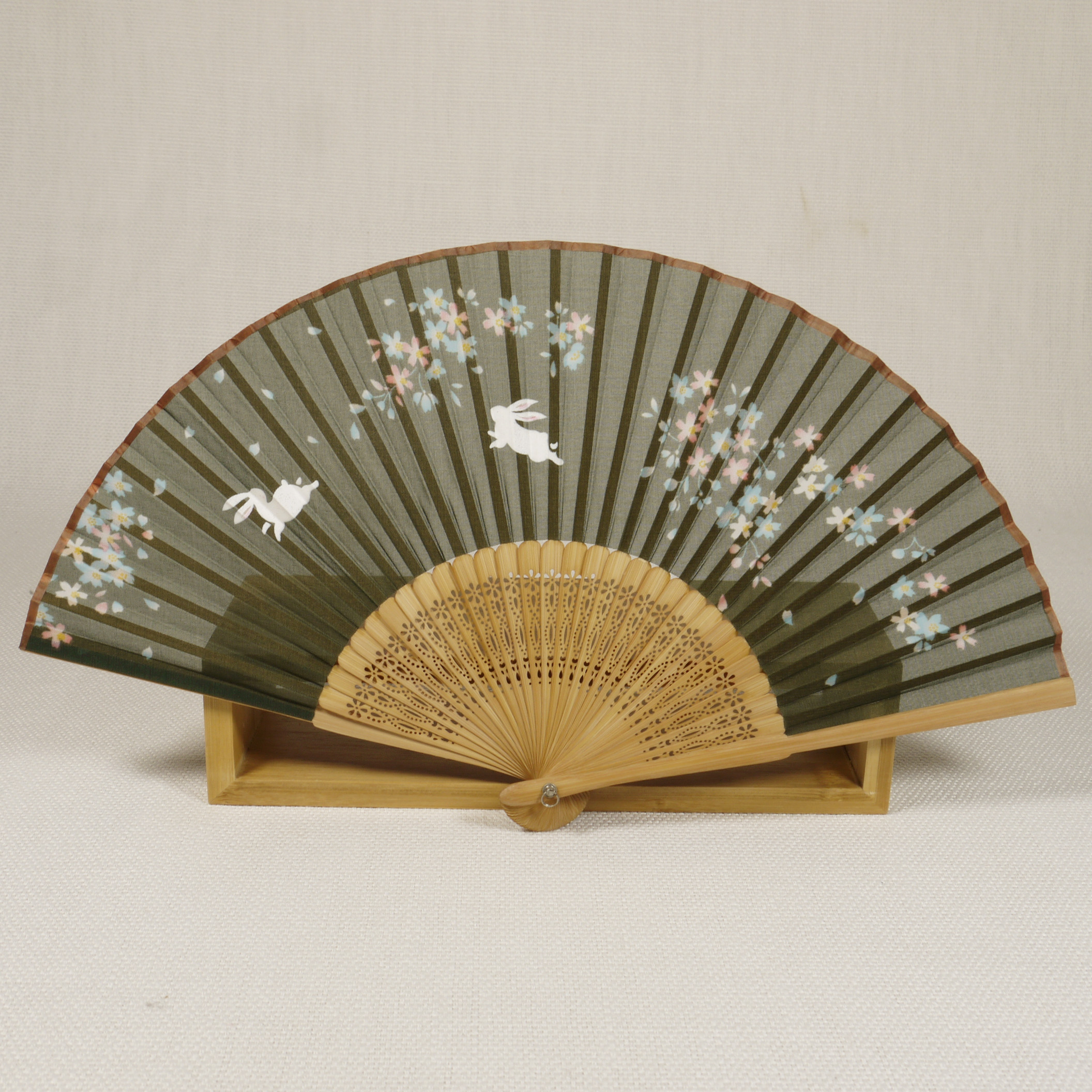 Jade Rabbit Osmanthus Single-sided Printing Fan Face Head Green Bamboo Handle Antique National Tide Hanfu with Carry-on 6-inch 7-inch Folding Fan