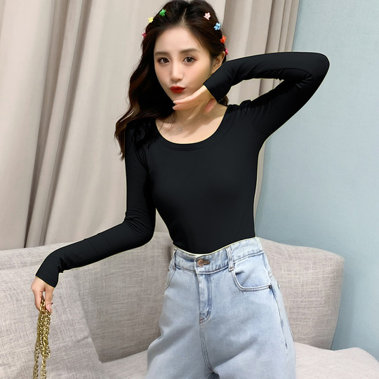 Black 2022 spring, autumn and winter women's bottoming shirt plus velvet thickened cotton t-shirt long-sleeved inner autumn clothes tight top