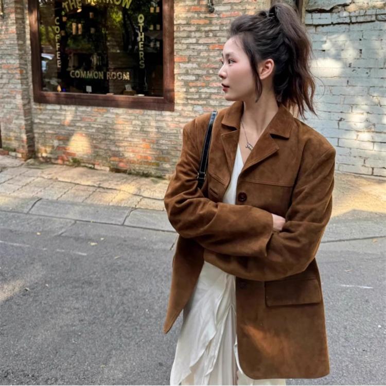 Brown Suede Jacket Women's Blazer Leather Jacket Melard 2026 Spring New Leather Jacket High-End Petite Size