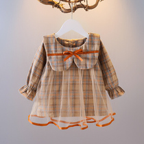 Girl Net Yarn Splicing Princess Dress 2021 Spring Autumn New Baby 3 Ocean Gas Big Turnover Retro Plaid Dress 5