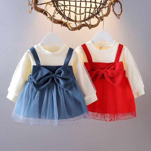 Girls' clothing autumn new dress fake two-piece long-sleeved spring and autumn little girl princess skirt puff sleeves tutu skirt tide