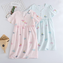 Japanese womens summer pajamas pure cotton thin homewear short-sleeved nightdress medium home skirt cotton gauze maternity skirt