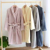 Womens long nightgown autumn and winter flannel thickened with velvet to keep warm and increase Japanese-style kimono mens bathrobe home service