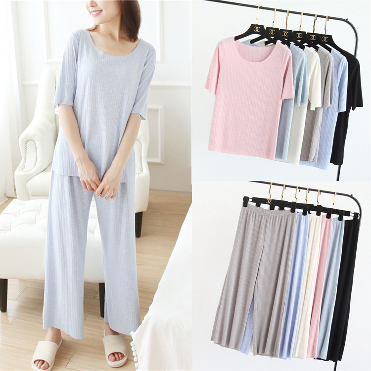 Summer women's simple solid color pit strip knitted sweater short-sleeved T-shirt top wide-leg pants thin suit home pajamas 6 colors