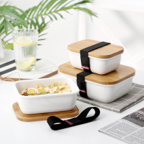Japanese bamboo wood cover ceramic fresh-keeping Bowl fresh-keeping box tableware sealed lunch box with pull belt microwave refrigerator