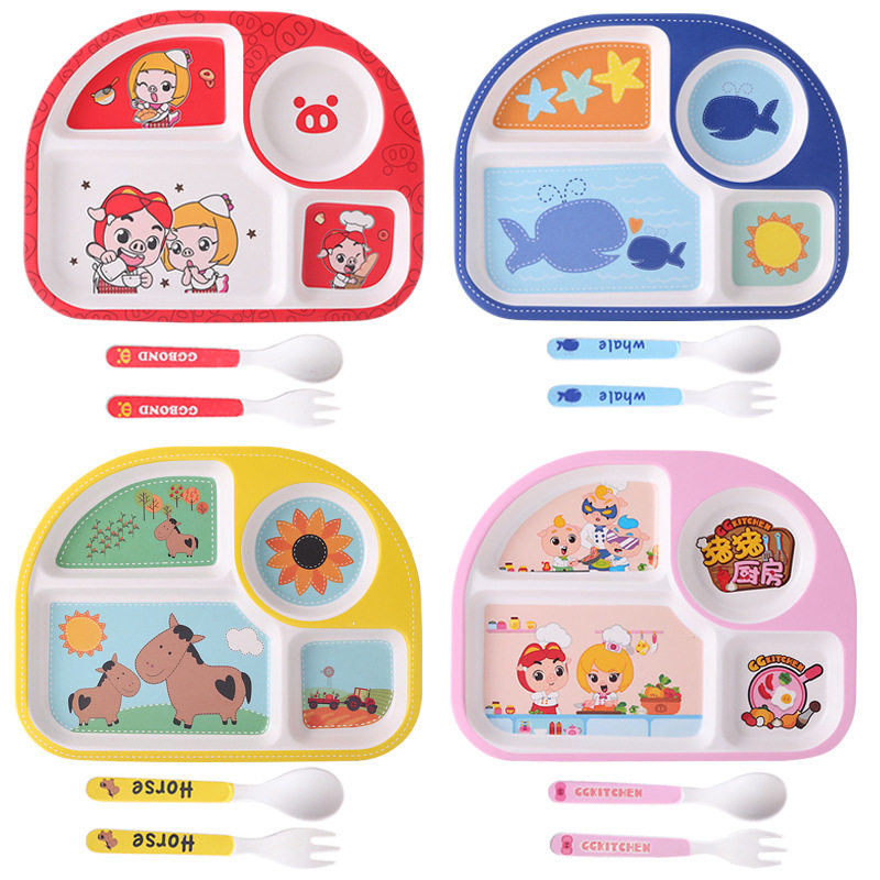 Bamboo Fiber Children Cutlery Sets Eat Home Baby Dinner Plate Baby Divided Cartoon Rice Bowl Separation Anti-Fall