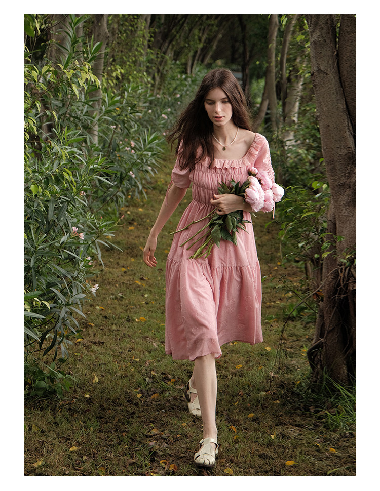Mintcheese フレンチシャクヤクピンクシルク綿麻立体小花ワンピース