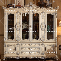 European solid wood four-door glass bookcase with drawer storage cabinet White carved 2 meters silver wine cabinet