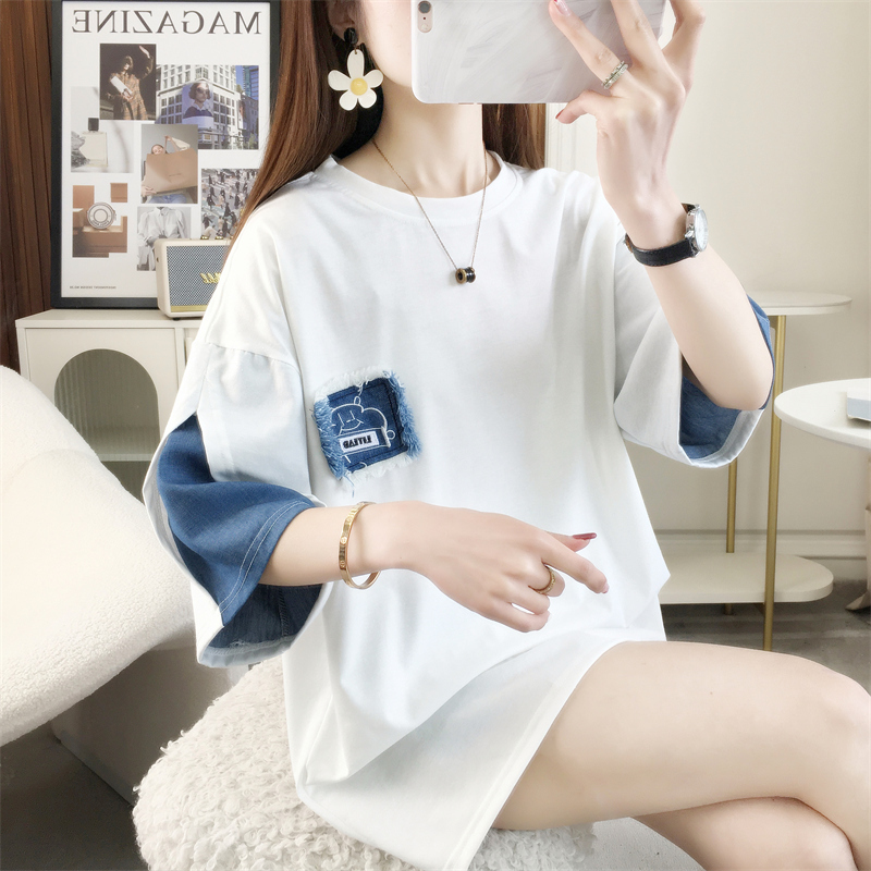 Three-Quarter Sleeve T-Shirt for Female Students, Summer Loose Fit, ins Korean Style Mid-Sleeve T-Shirt, Versatile Casual Half-Sleeve Top, Cotton