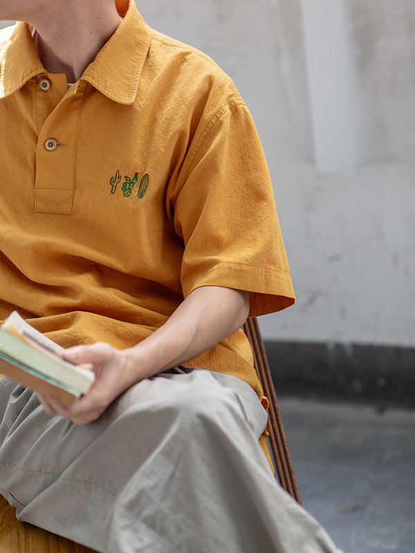 【Spring Night Drifting into a Dream】Jili Two-Tone Cactus Embroidery Half-Placket Short-Sleeve Shirt Polo Shirt