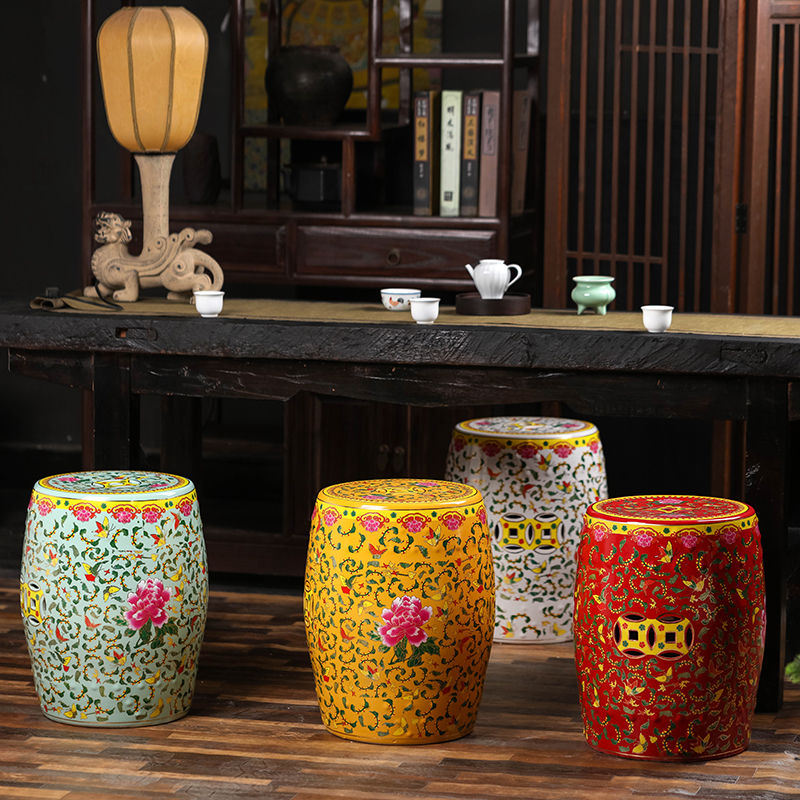 Chinese-Style Pastel Ceramic Stool, Shoe-Changing Stool, Embroidered Round Stool, Palace-Style Antique Drum Stool, Living Room New Chinese-Style Outdoor Seating Stool
