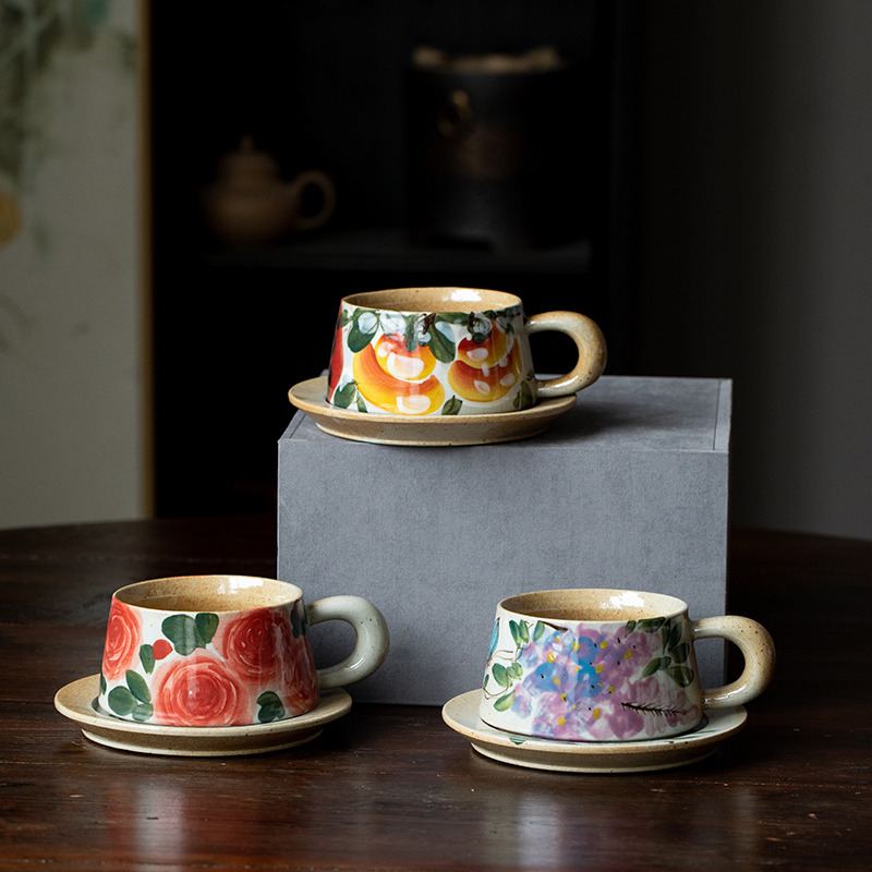 Jingdezhen Ceramic Water Cup, Hand-Painted Rose Flower Design, Rustic Pottery Coffee Cup, High-End Ceramic Breakfast Mug in Chinese Style