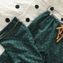 Korean autumn and winter vintage polka dot green Christmas grind plush warm ninth home pants pajamas