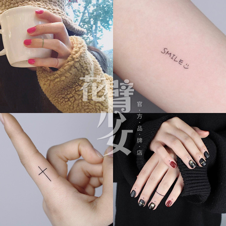 Flower Arm Girl TATOO 25 Black and white Cross Rainbow Color Line Round point English smile finger tattoo sticker