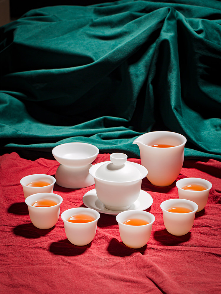 Unpolished Jadeite Kung Fu Tea Set for Home and Office Use, High-End Dehua White Porcelain Gaiwan Tea Cup Complete Set