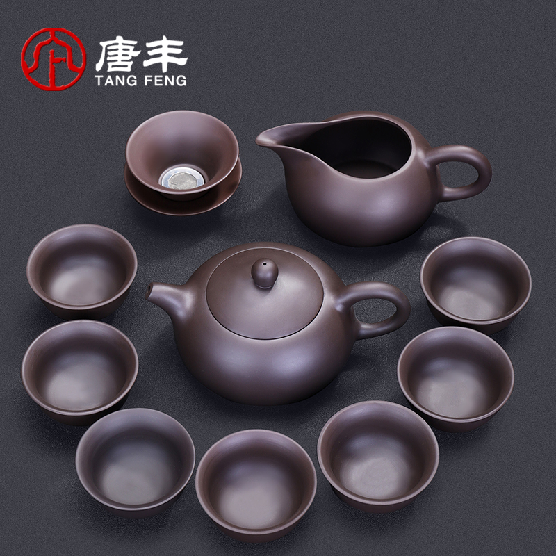 Tang Feng ores are it and a half of a complete set of manual kung fu tea sets tea purple clay 9 into the teapot teacup