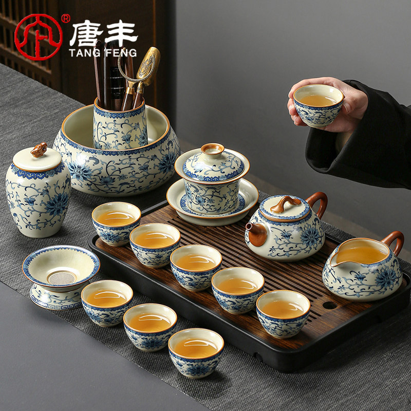Tang Feng 2025 новый сине-белый чайный сервиз Ru Kiln Kung Fu бытовой легкий роскошный высококачественный набор из высококачественного чайного чайника и чашки