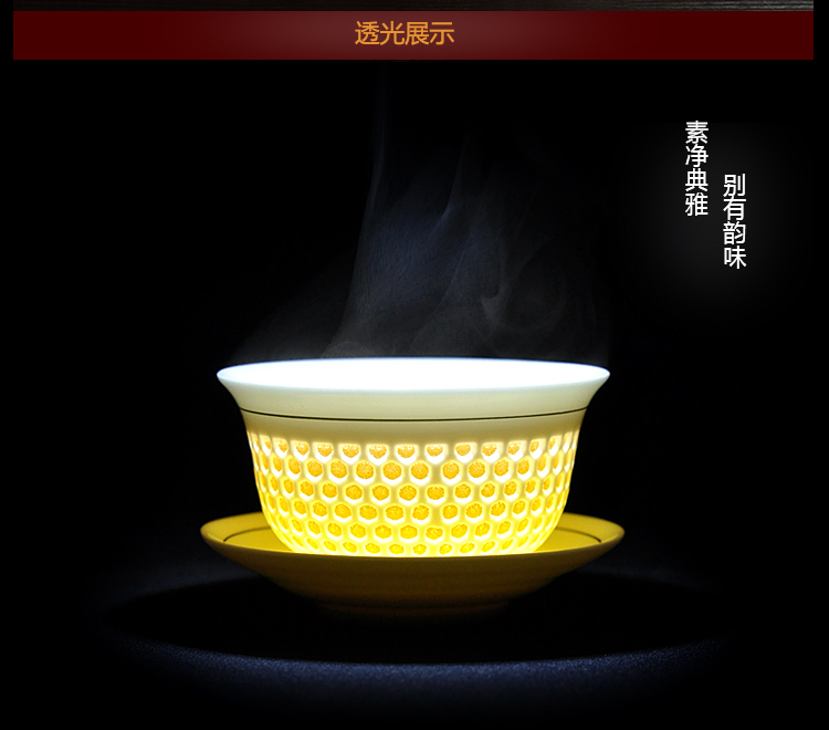 Tang Feng cellular crystal and exquisite tea sets suit of a complete set of hollow ceramic household kung fu tureen tea cups