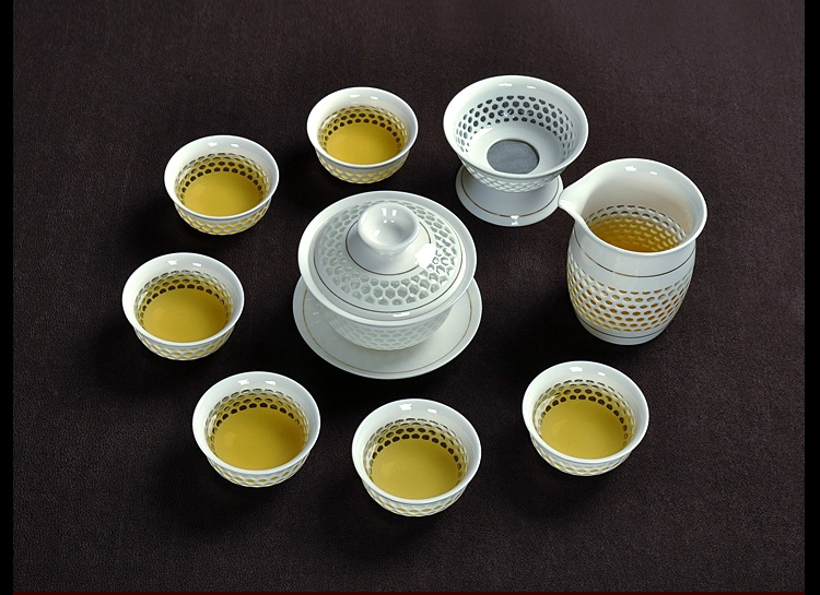 Tang Feng cellular crystal and exquisite tea sets suit of a complete set of hollow ceramic household kung fu tureen tea cups