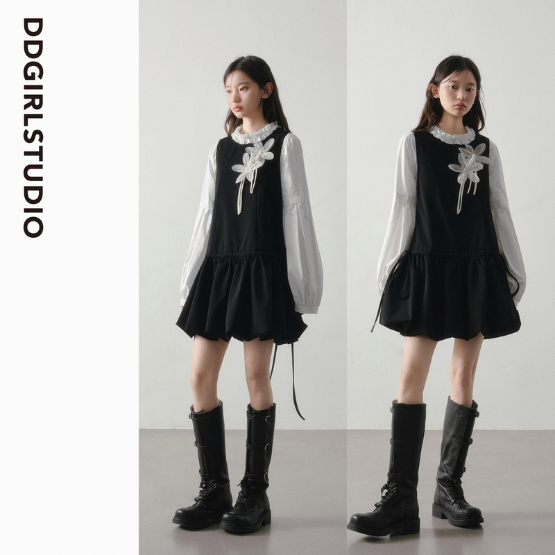Ddgirl's "Night Flower Lettering" Young Lady Style Three-Dimensional Floral Decoration Dress with Waist-Cinching Drawstring Design Tank Dress