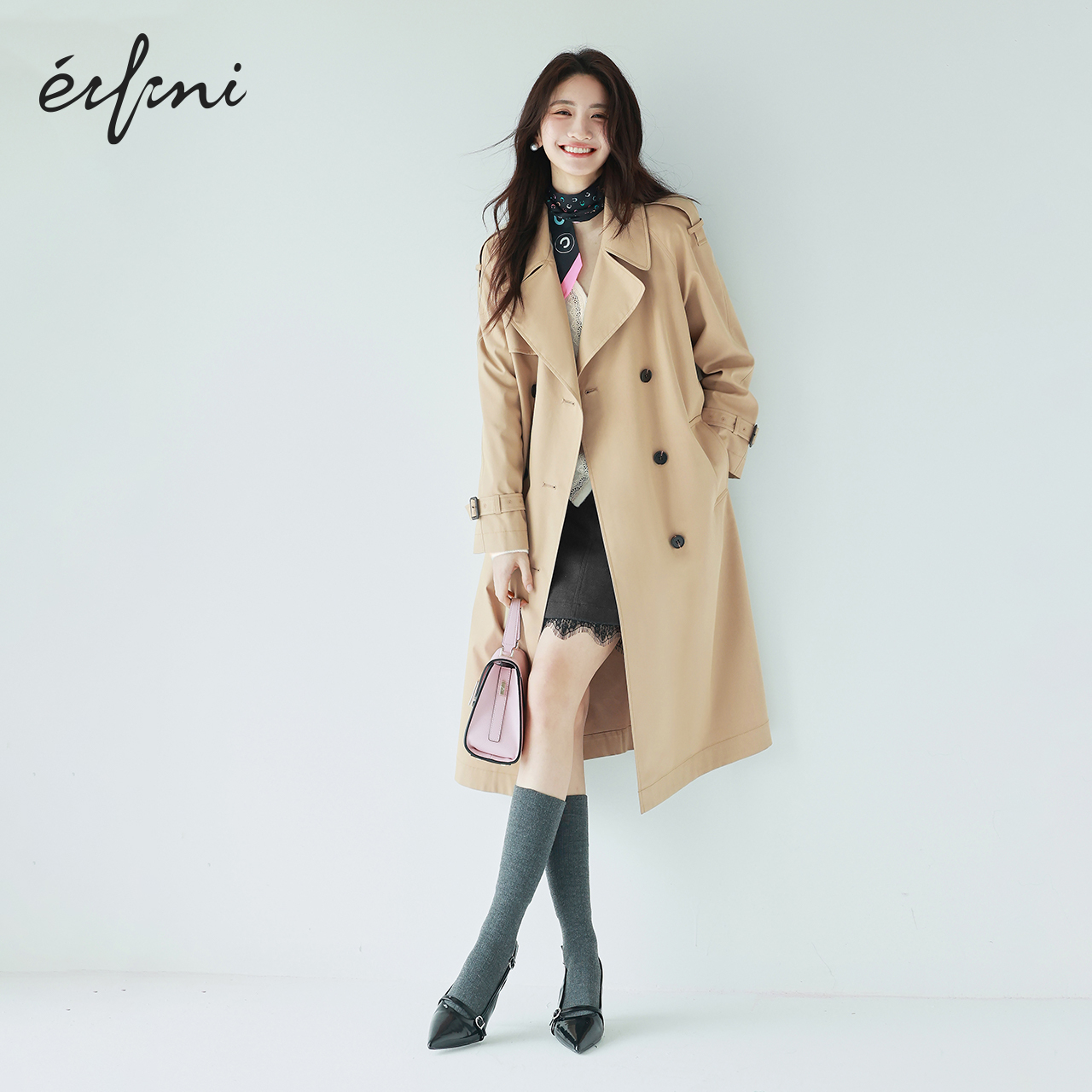 【テンセル混紡】Evely定番ダブルフロントロングトレンチコート（レディース）、Keluli英国風ジャケット