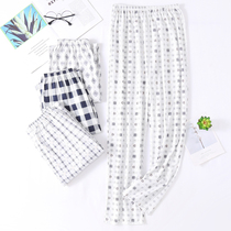 Mens pajama pants long pants pure cotton spring and autumn couples plaid summer cotton home pants thin loose plus size air conditioning pants
