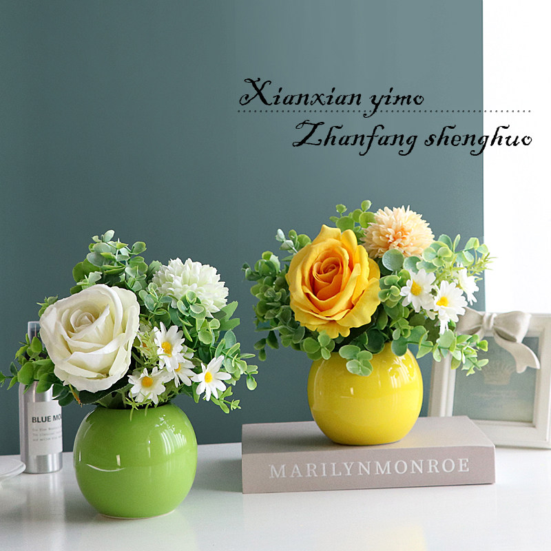 ins mini ceramic simulation fake silk flower art small clear new vase potted dining room furnishing piece Nordic brief