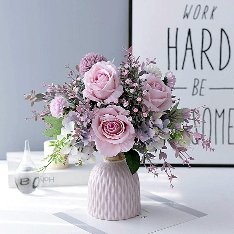 Simulation Silk Flower Art Living Room Decoration Pendulum Piece Bouquet Table Pink Teenage Girl Hearts Royal Rose Ceramic Vase Suit