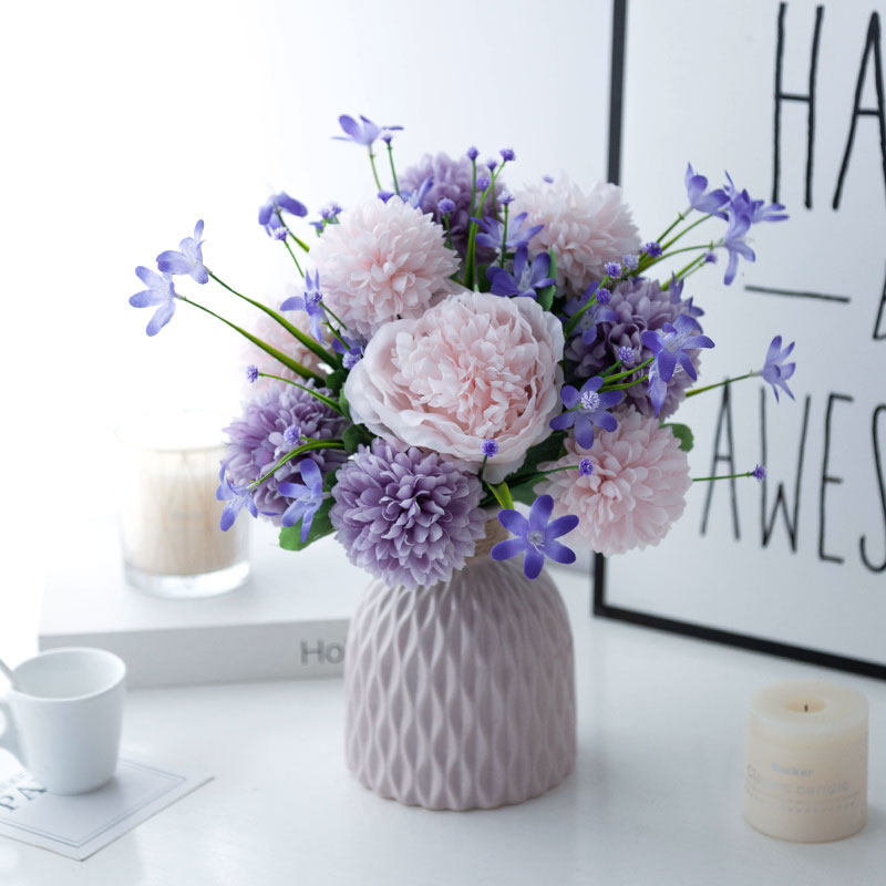 Advanced Emulation Melancholy Powder Purple Ensemble Simulation Silk Guest Dining Room Table Ceramic Vase Floral Suit Home Decoration Goods