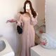 Korean chic French elegant lapel chic button high waist slim puff sleeve long fishtail edge dress female