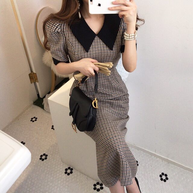 Korean chic early spring elegant lapel contrast color houndstooth high waist thin mid-length slit puff sleeve dress