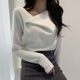 Korean chic autumn and winter elegant smog blue white design sense oblique collar irregular long-sleeved knitted sweater women