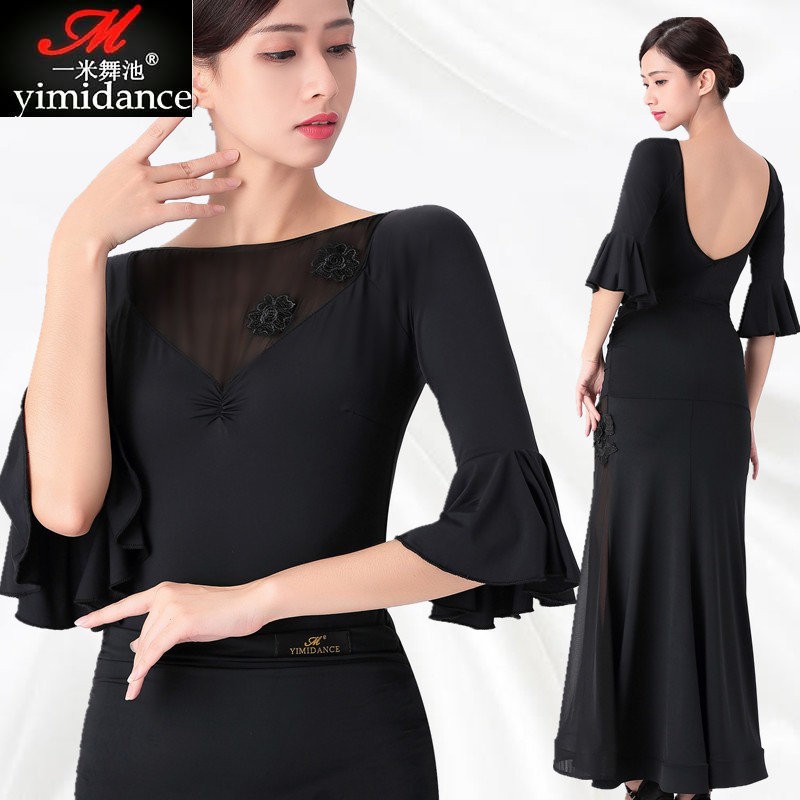 yimidance modern new top women's middle sleeve dance adult national standard dance dress practice suit halter jumpsuit