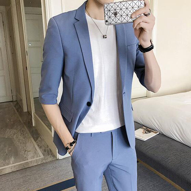 Summer short sleeve men's casual suit Korean fashion seven sleeve light suit men's suit slim fit a thin set