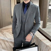 Suit Jacket Men Casual 100 hitch Han version trendy Inren Wind striped Western-style suit Male fit in three sets