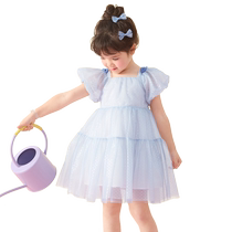 Balabala Girls Princess Dress Childrens Skirt Summer 2024 New Dress Sweet Puff Sleeve Mesh Skirt