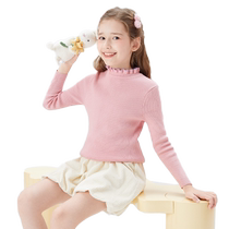 Balabala Childrens Sweater Girls Autumn Knitted Sweater for Big Children Contrast Color Fungus Edged German Velvet Sweet Style Simple