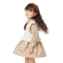 Balabala childrens clothing girls long-sleeved suit western-style printed literary style dress two-piece set childrens autumn clothing trend