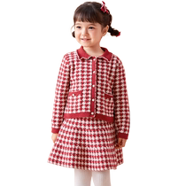 Balabala childrens clothing girls suits childrens spring clothes 2024 new Christmas style small fragrance style New Years clothes red