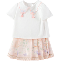 (Same style in the mall) Balabala childrens clothing girls short-sleeved suit 2024 summer two-piece set with national style print embroidery