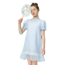Balabala Girls Skirts Childrens Dresses 2024 Summer Dresses for Big Children Puff Sleeves New Chinese Style National Style Skirt Trend