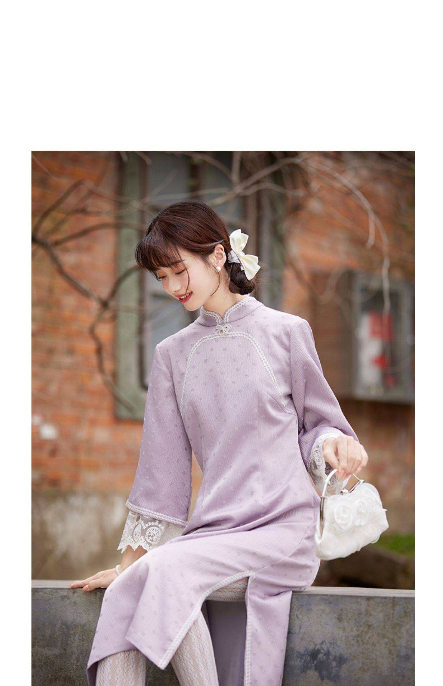 ライトパープル スリムフィット レース 七分袖 チャイナドレス 新中国