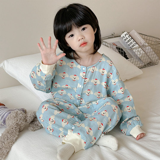 Pijama infantil de una pieza de gasa de doble capa de puro algodón, estilos de primavera y otoño para niños y niñas, saco de dormir con piernas abiertas, protección del vientre y ropa para el hogar resistente al frío