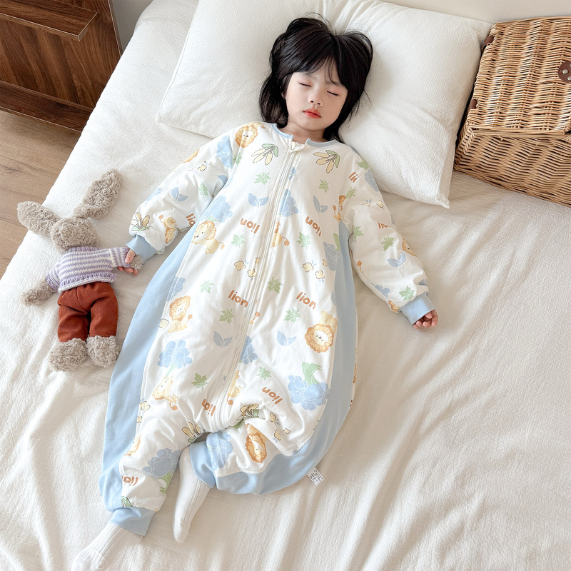 Autumn and Winter Children's One-Piece Pajamas, Quilted and Thickened, Pure Cotton Sleeping Bag for Boys and Girls, Anti-Kick Quilt, Spring and Autumn Home Wear