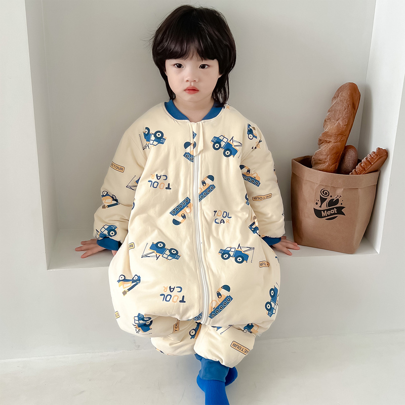 Children's One-Piece Pajamas for Autumn and Winter to Prevent Catching a Cold, Baby Split-Leg Sleeping Bag, Quilted and Thickened, Pure Cotton Jumpsuit for Boys and Girls