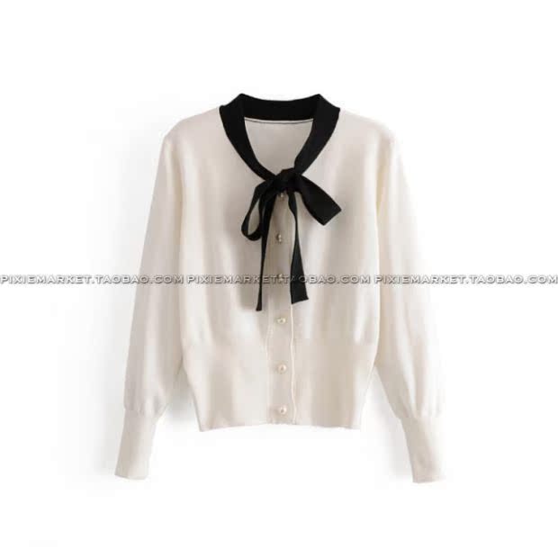 Pixiemarket Châu Âu đứng đầu mùa thu thời trang hoang dã mỏng ngọc trai khóa nơ đan áo len nữ hàng hiệu
