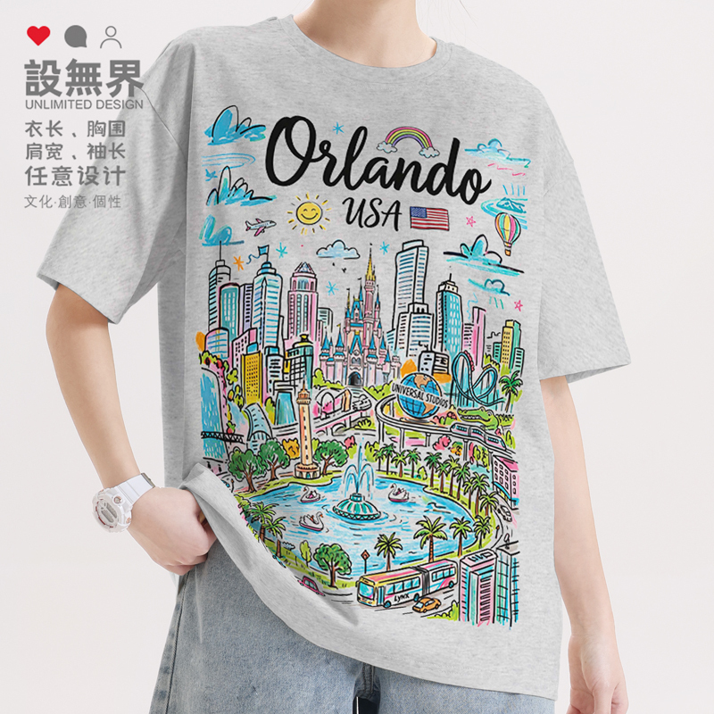 Original Hand-Painted Graffiti City Travel Souvenir Short-Sleeve T-Shirt from Orlando, Usa, Unisex Design, No Borders