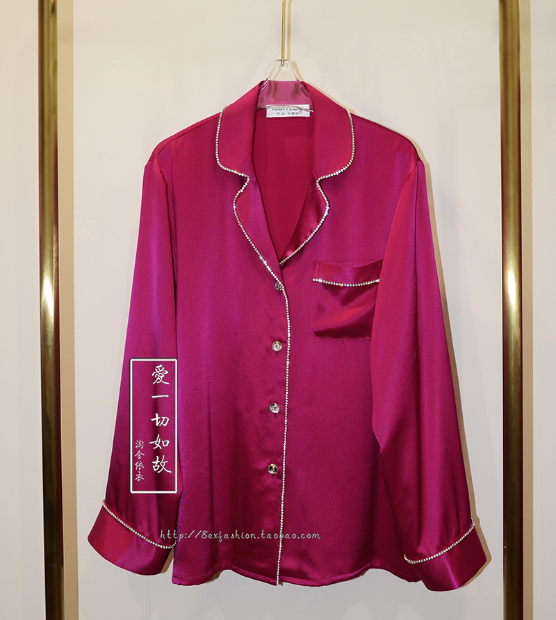 21 new spring and autumn silk 100% silk set pajamas women rose red two-piece home clothing luxury