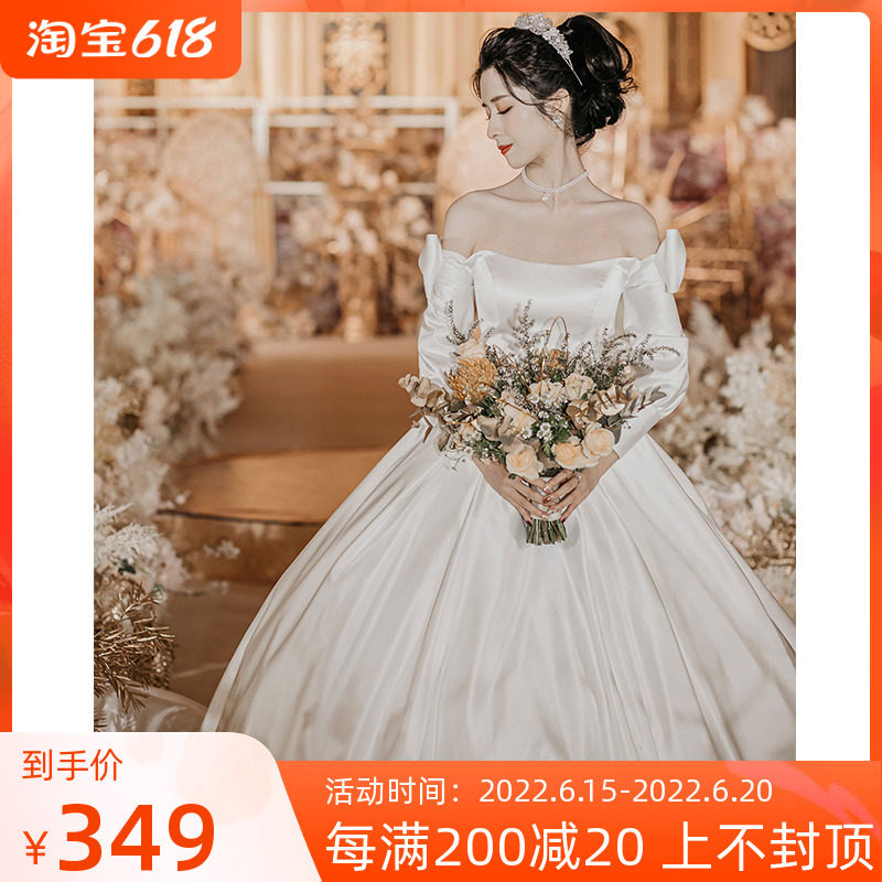 Straight Shoulder Wedding Dresses Minimalist Satin 2021 New Heavy Industries Herbentresses Wedding Bride Wedding Yingbing Tuxedo Trailing